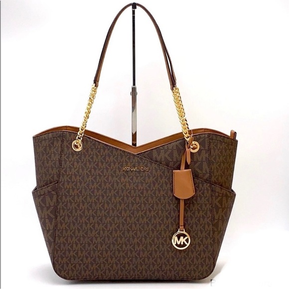 Michael Kors Handbags - MICHAEL KORS LARGE X CHAIN LOGO
SHOULDER BAG BROWN SIGNATURE COLOR